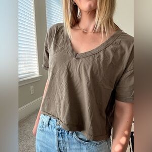nuuds Mocha Boxy V-Neck Crop Top Tee